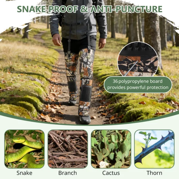 Long snake proof gaiters providing lower leg protection against snake bites and scratches
