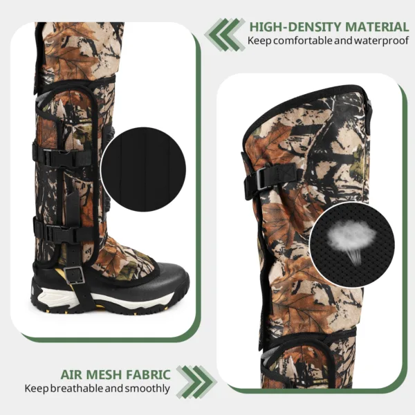 Close-up of waterproof breathable fabric on snake proof gaiters for outdoor protection