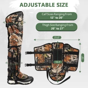 Adjustable size chart for long snake proof gaiters showing calf fit and height dimensions