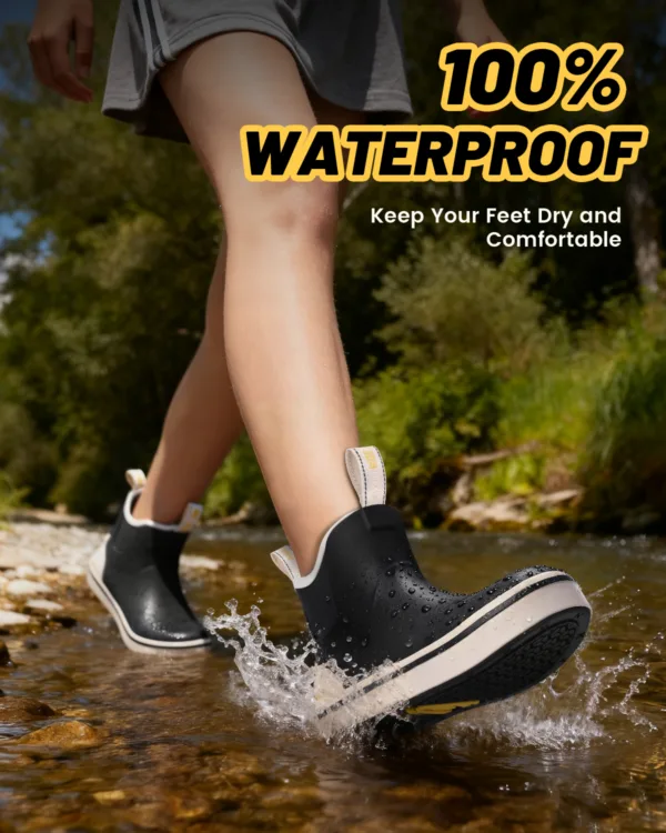 Woman walking in water wearing Kalkal waterproof women’s deck boots
