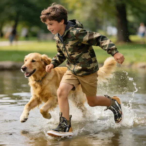 a boy wears Kalkal kids ankle deck rain boot, walks with a cute dog in the rainy day