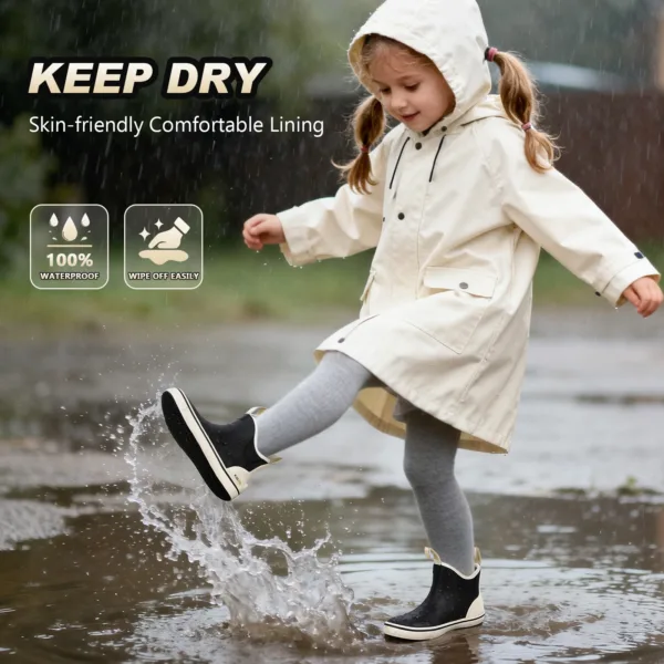 a little girl is waring Kalkal kids boots playing on a wet ground filled with rainwater