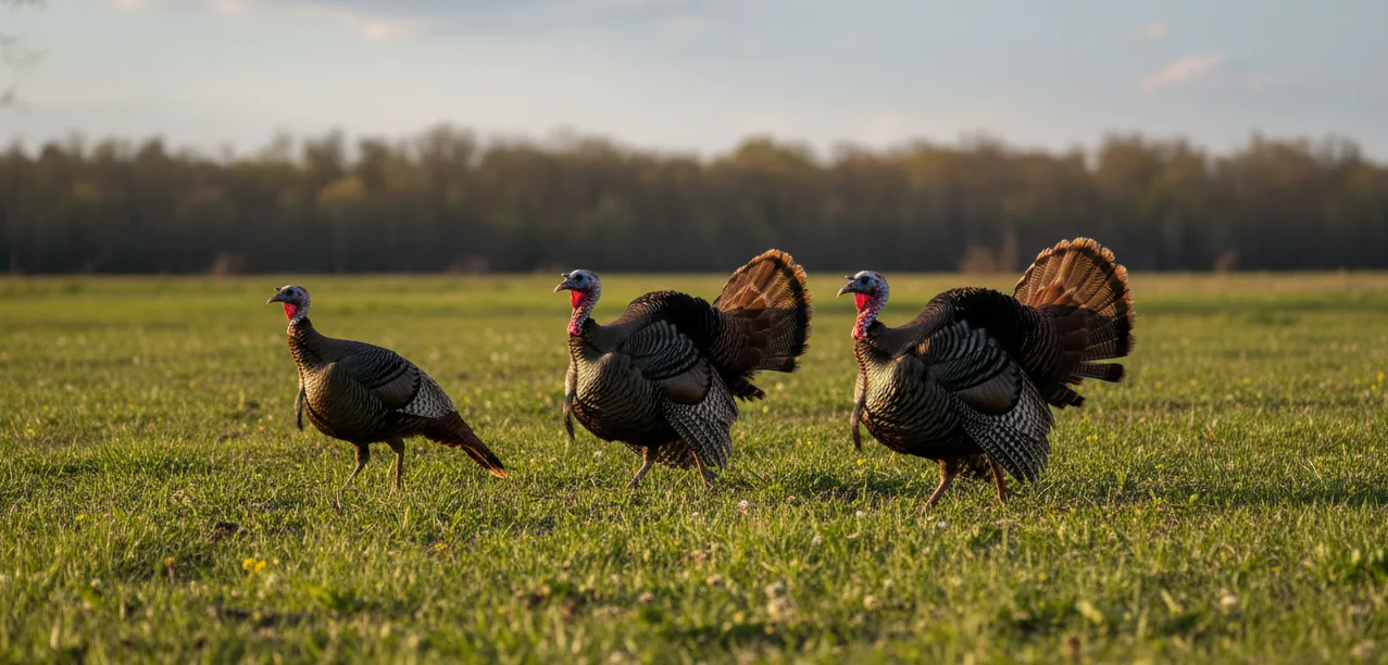several male turkeys walking in the open field during spring season