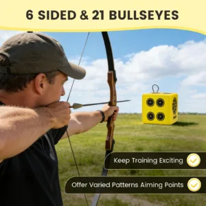 foam archery target block with 6 sides and 21 bullseyes
