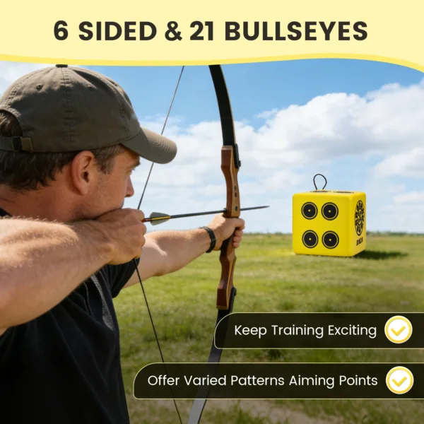 foam archery target block with 6 sides and 21 bullseyes