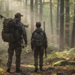 a man hunter and a kid is hunting in the field
